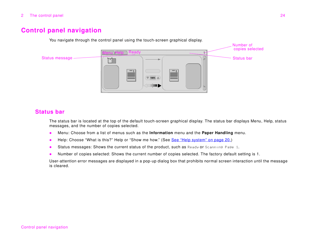 HP 9000Lmfp manual Control panel navigation, Status bar 