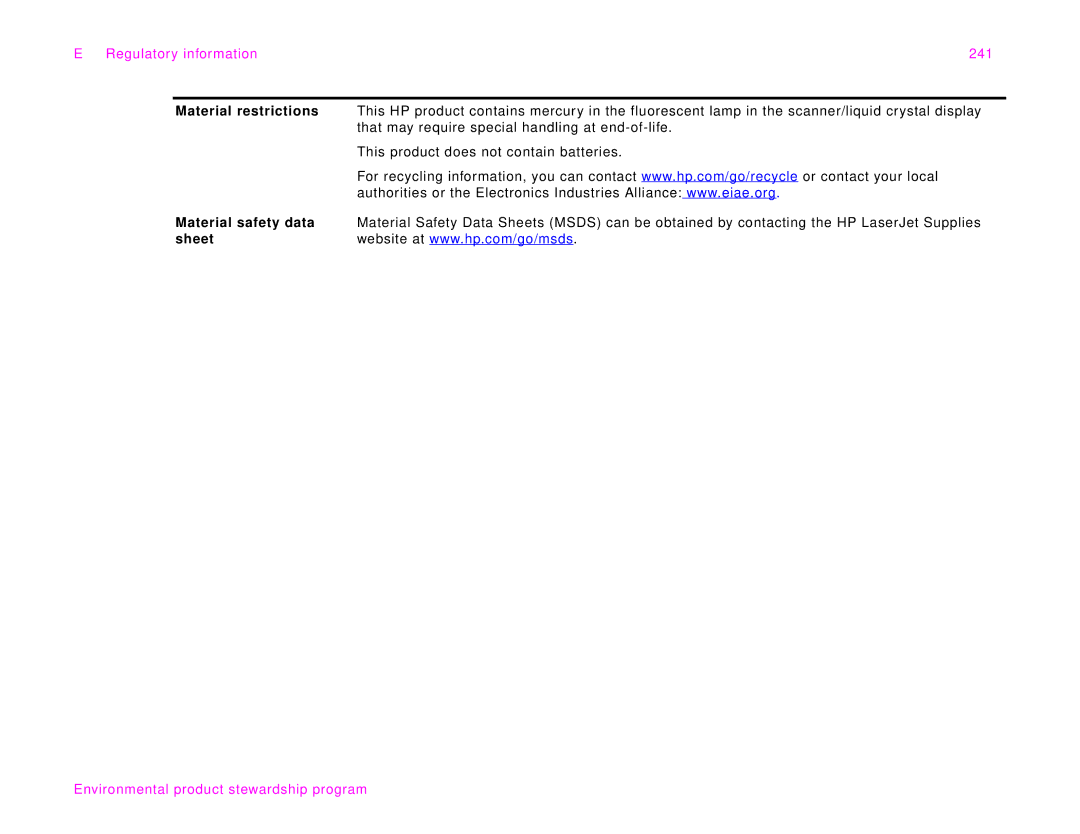 HP 9000Lmfp manual Regulatory information 241, Material restrictions, Material safety data, Sheet 
