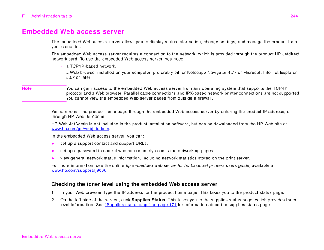 HP 9000Lmfp manual Embedded Web access server, Administration tasks 244 