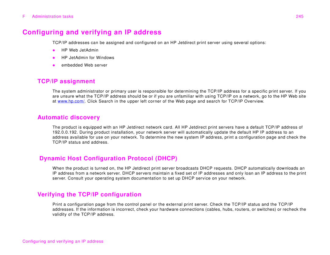 HP 9000Lmfp manual Configuring and verifying an IP address, TCP/IP assignment Automatic discovery 