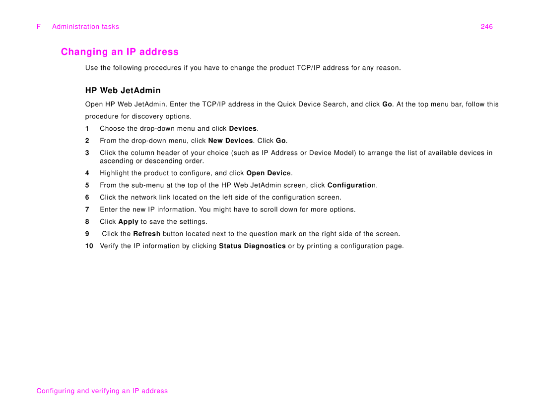 HP 9000Lmfp manual Changing an IP address, HP Web JetAdmin, Administration tasks 246 