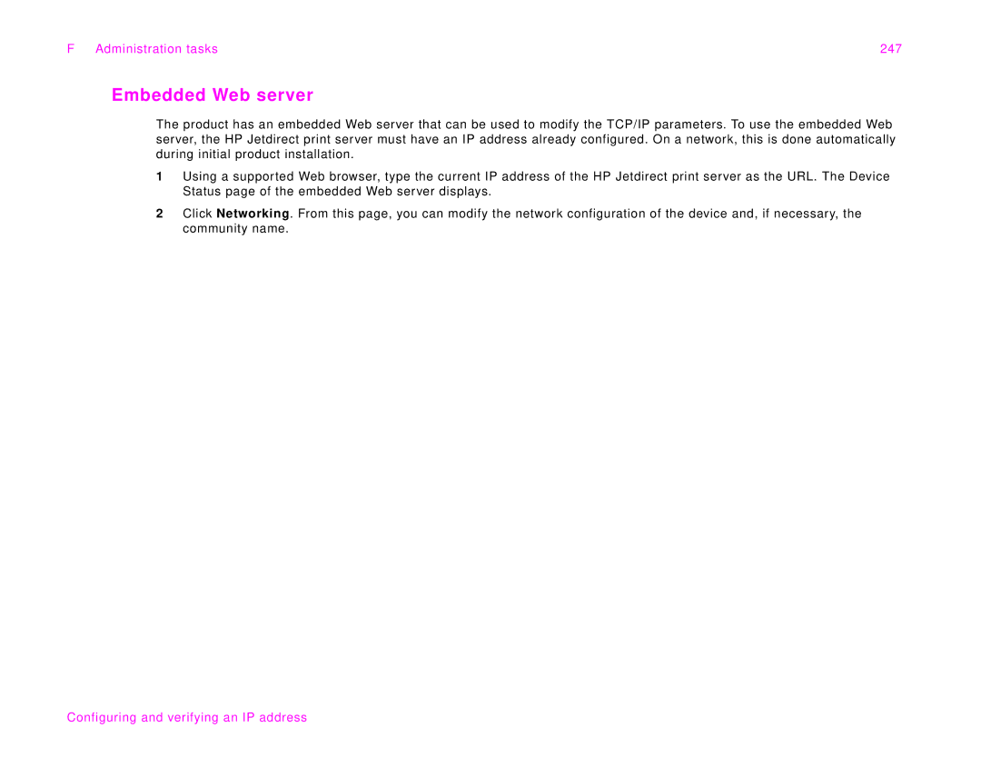 HP 9000Lmfp manual Embedded Web server, Administration tasks 247 