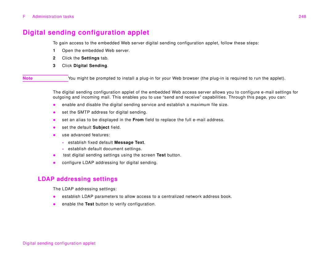 HP 9000Lmfp manual Digital sending configuration applet, Ldap addressing settings, Administration tasks 248 