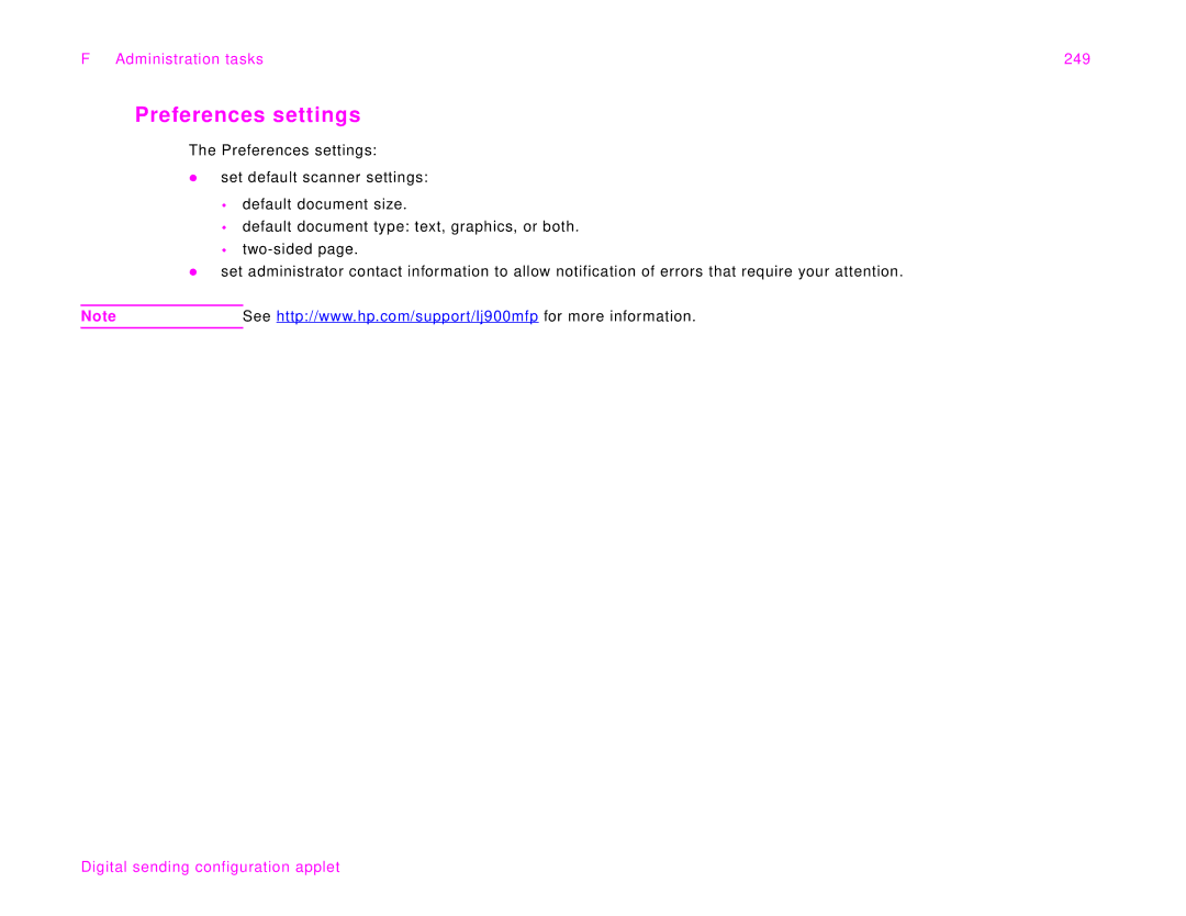 HP 9000Lmfp manual Preferences settings, Administration tasks 249 
