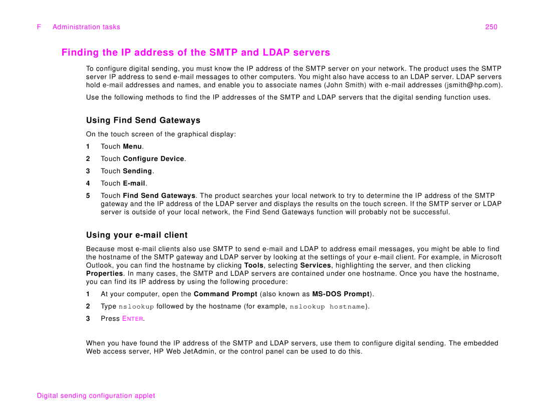 HP 9000Lmfp manual Finding the IP address of the Smtp and Ldap servers, Using Find Send Gateways, Using your e-mail client 