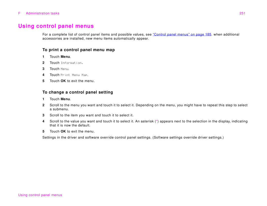 HP 9000Lmfp manual Using control panel menus, To print a control panel menu map, To change a control panel setting 