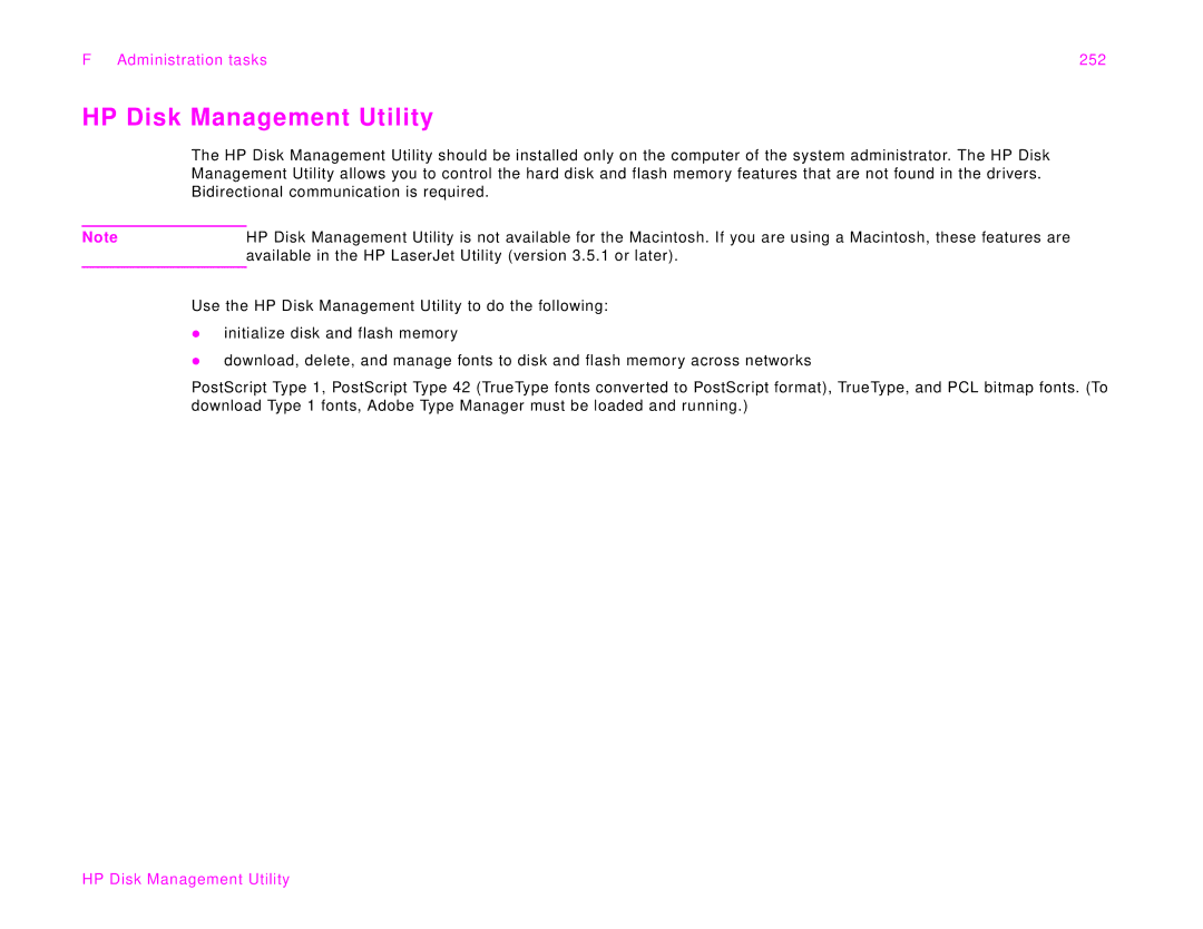 HP 9000Lmfp manual HP Disk Management Utility, Administration tasks 252 