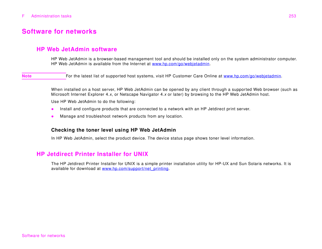 HP 9000Lmfp manual Software for networks, HP Web JetAdmin software, HP Jetdirect Printer Installer for Unix 