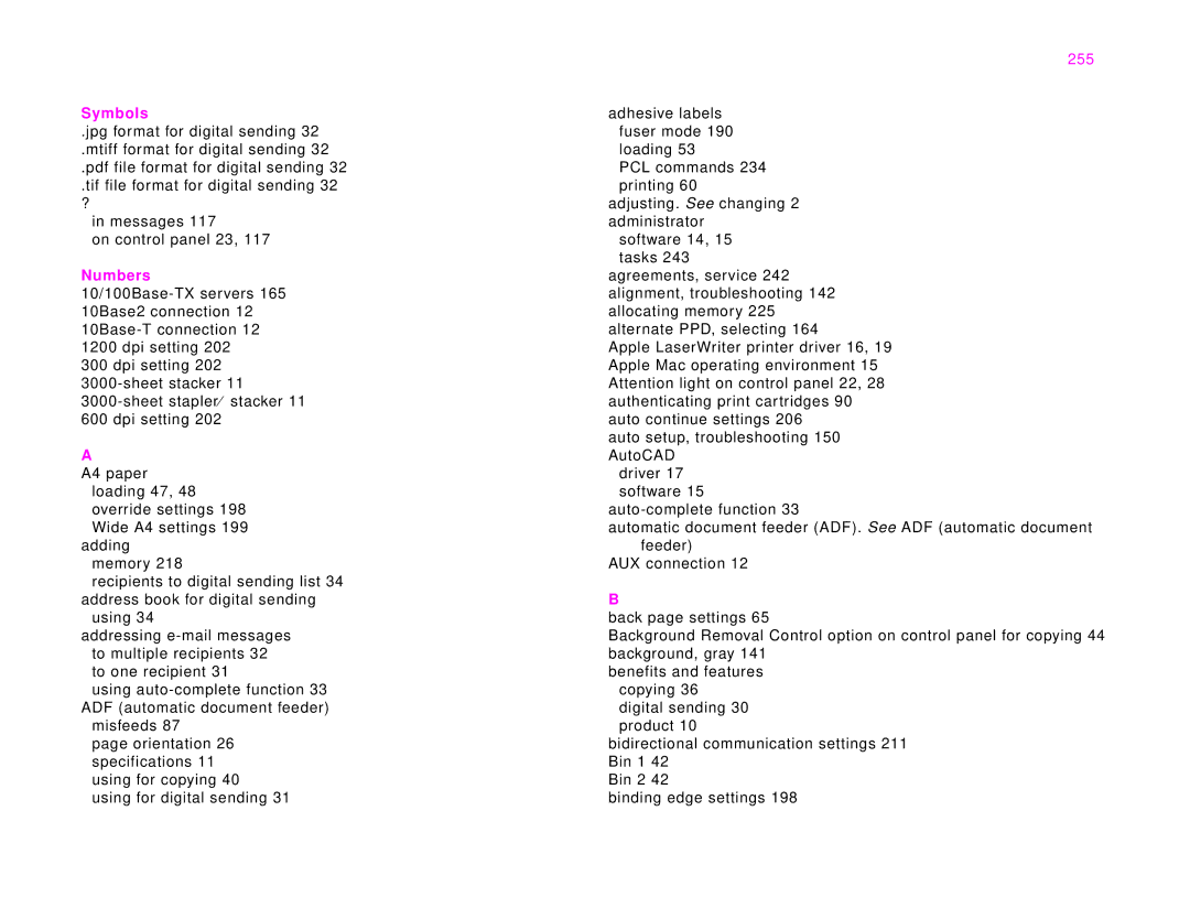 HP 9000Lmfp manual 255, Symbols, Numbers 