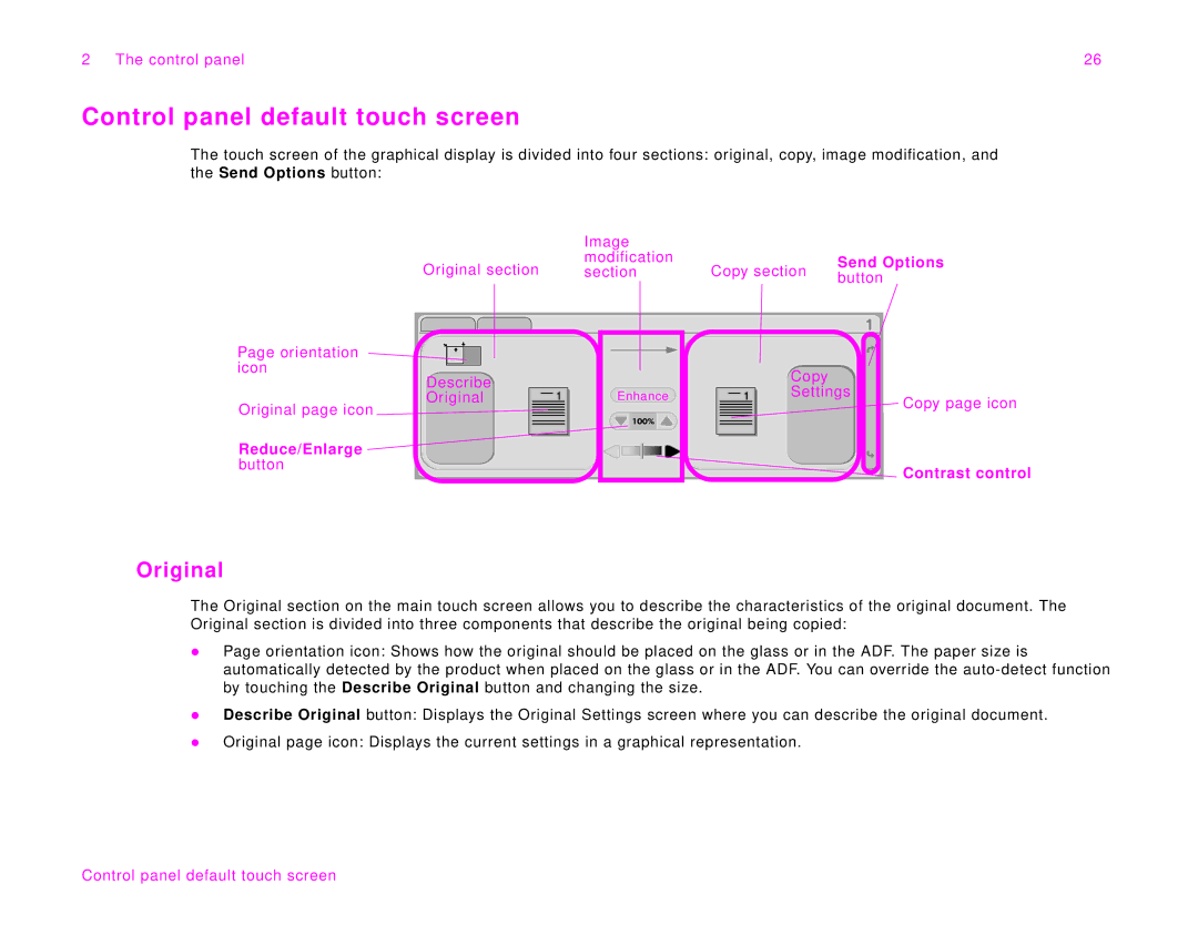 HP 9000Lmfp manual Control panel default touch screen, Original, Send Options, Reduce/Enlarge button, Contrast control 