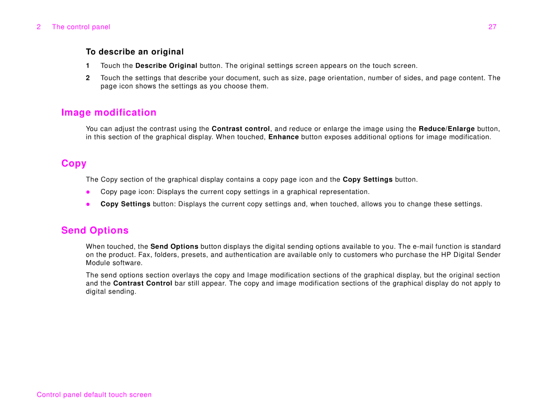 HP 9000Lmfp manual Image modification, Copy, Send Options, To describe an original 