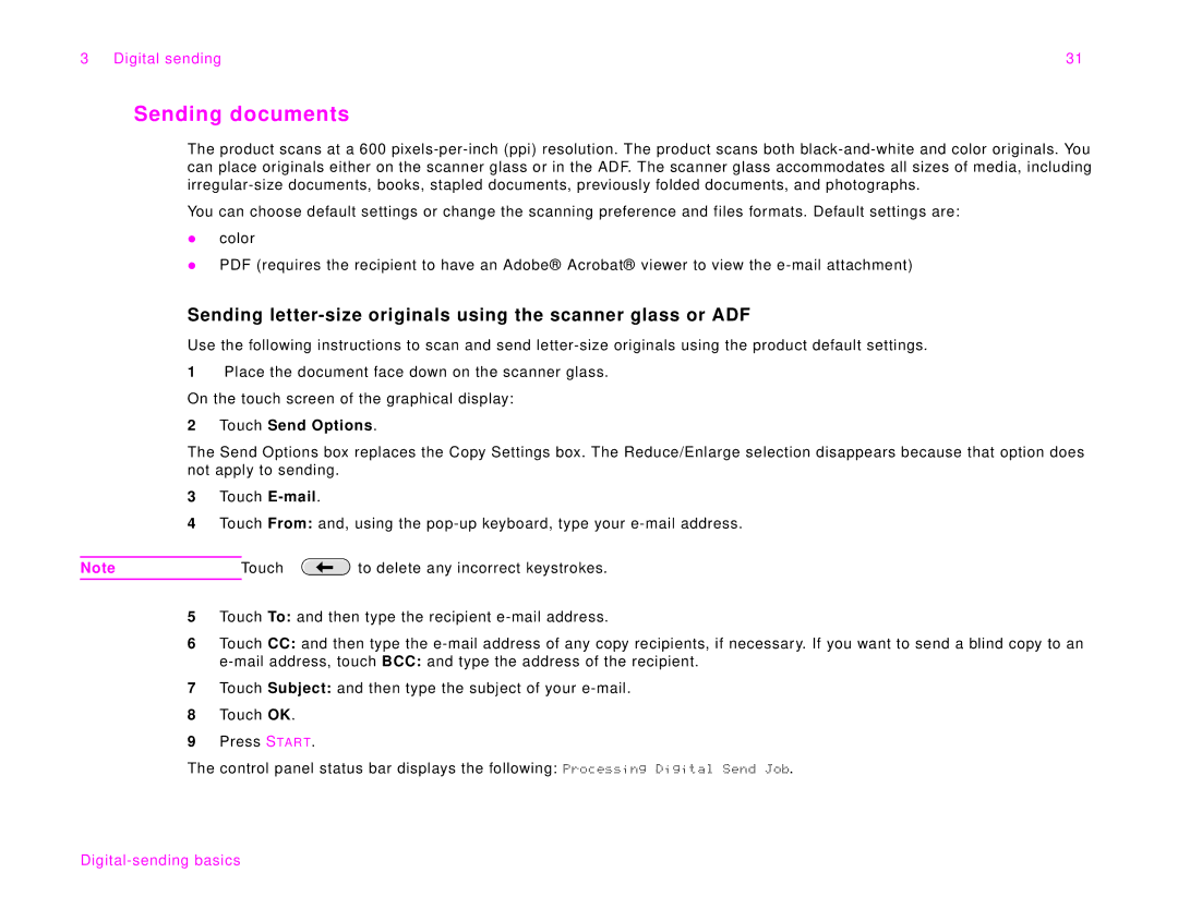 HP 9000Lmfp manual Sending documents, Touch Send Options 