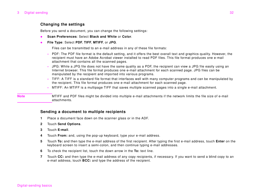 HP 9000Lmfp manual Changing the settings, Sending a document to multiple recipients 