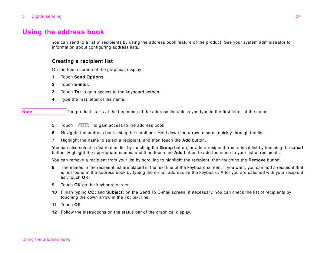 HP 9000Lmfp manual Using the address book, Creating a recipient list 