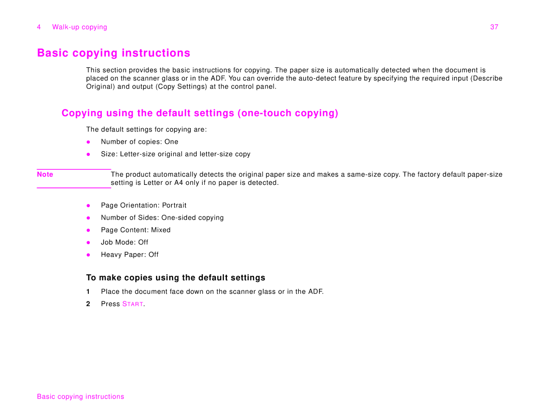 HP 9000Lmfp manual Basic copying instructions, Copying using the default settings one-touch copying 