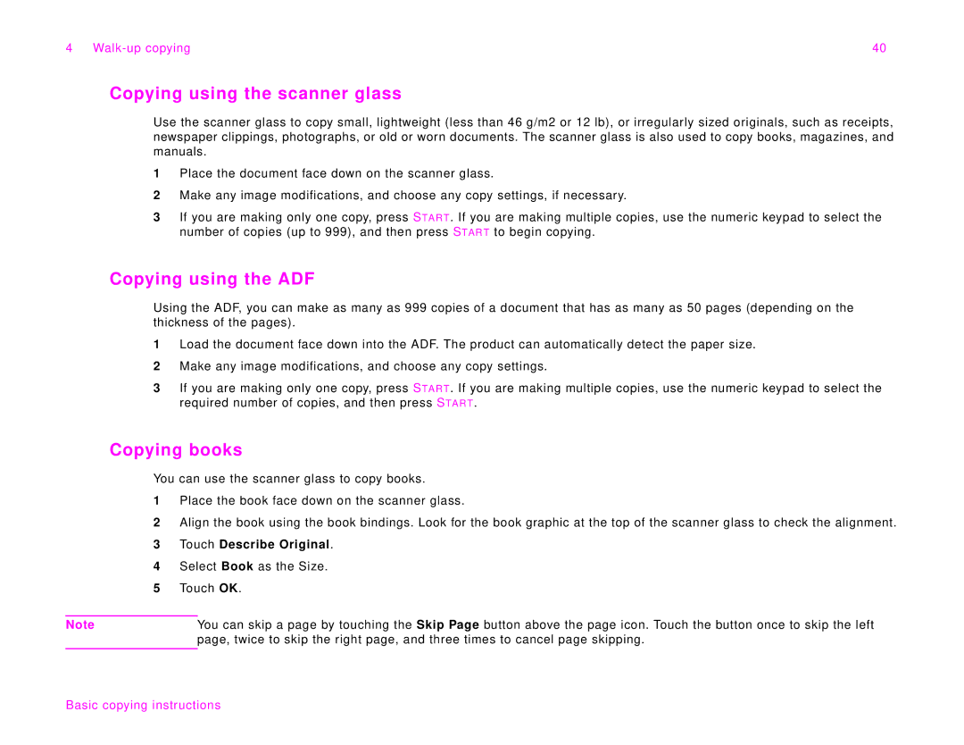 HP 9000Lmfp manual Copying using the scanner glass, Copying using the ADF, Copying books, Touch Describe Original 