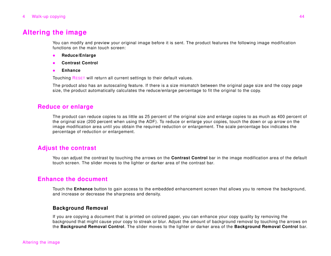 HP 9000Lmfp manual Altering the image, Reduce or enlarge, Adjust the contrast, Enhance the document, Background Removal 