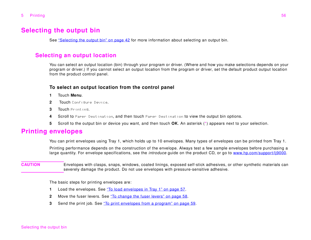 HP 9000Lmfp manual Selecting the output bin, Printing envelopes 