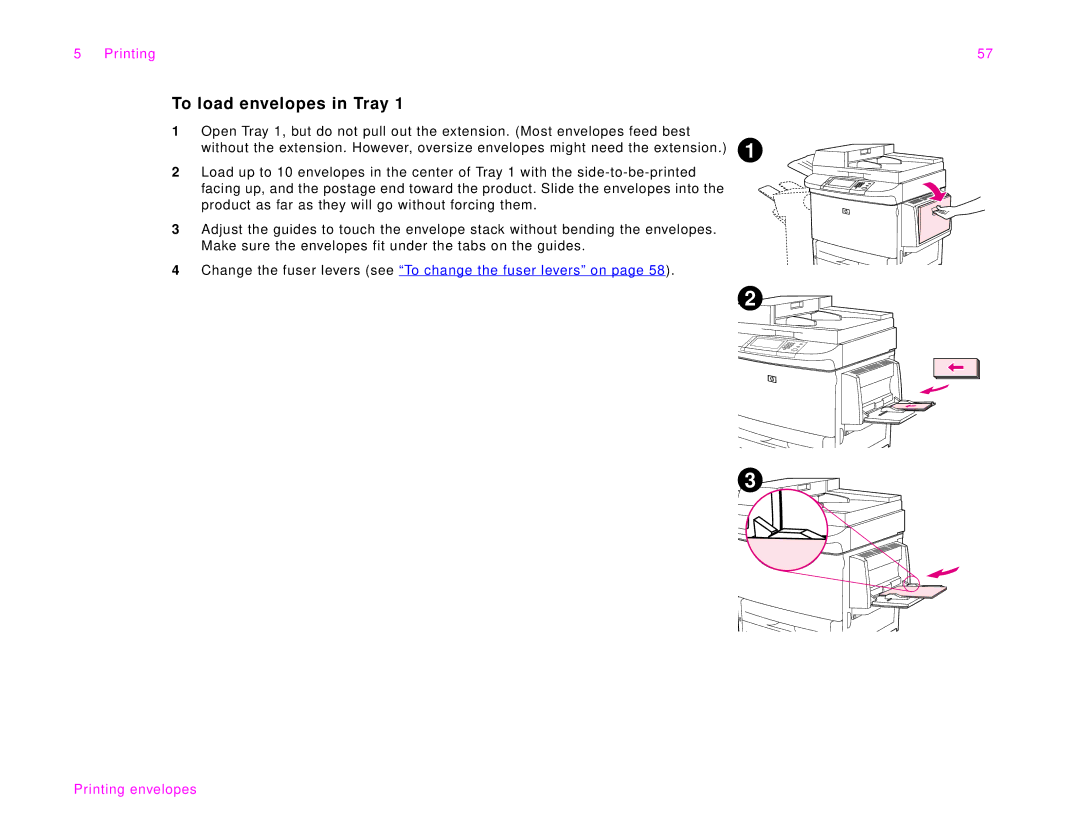 HP 9000Lmfp manual To load envelopes in Tray, Printing envelopes 