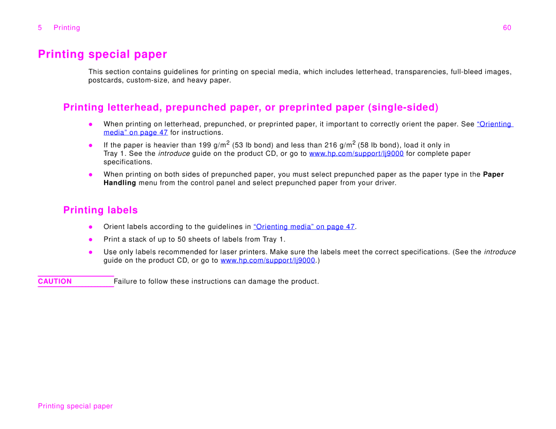 HP 9000Lmfp manual Printing special paper, Printing labels, Failure to follow these instructions can damage the product 