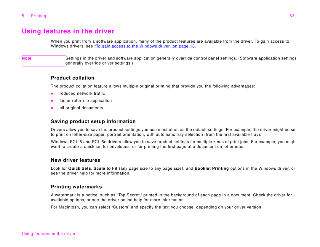 HP 9000Lmfp manual Using features in the driver, Product collation, Saving product setup information, New driver features 