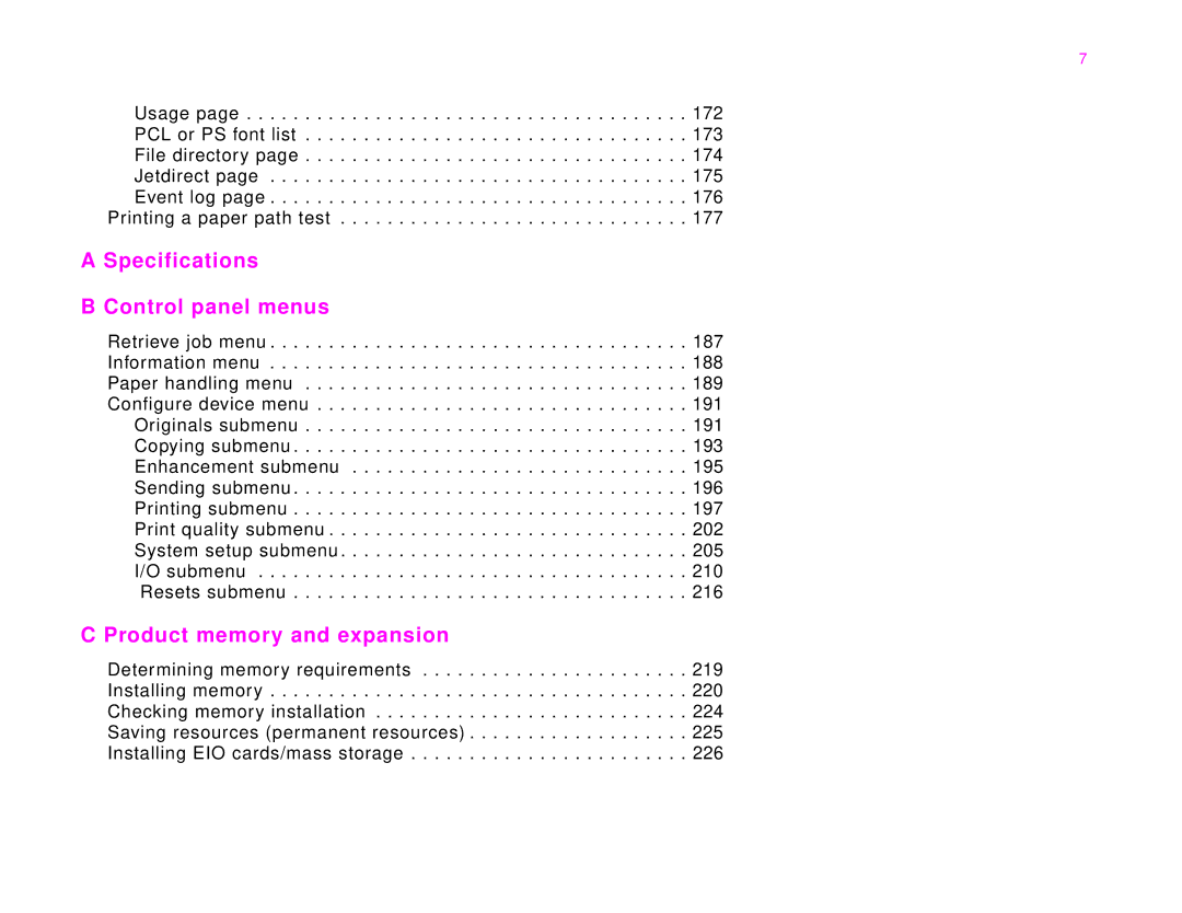 HP 9000Lmfp manual Specifications Control panel menus, Product memory and expansion 