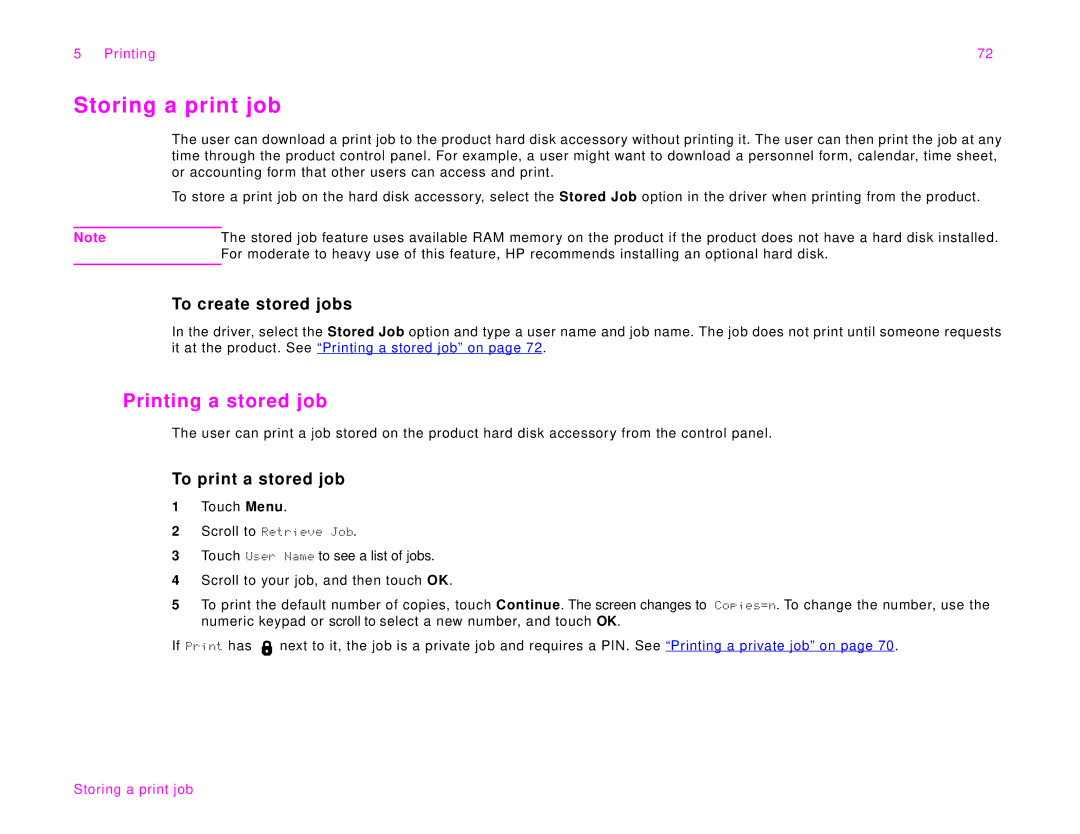 HP 9000Lmfp manual Storing a print job, Printing a stored job, To create stored jobs, To print a stored job 