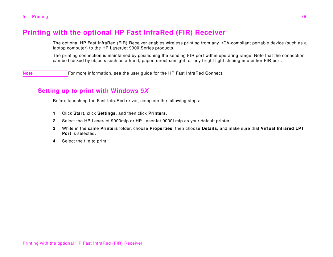 HP 9000Lmfp manual Printing with the optional HP Fast InfraRed FIR Receiver, Setting up to print with Windows 