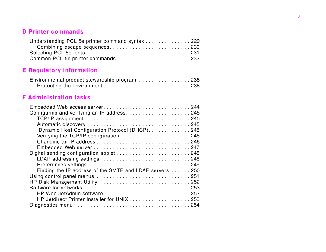 HP 9000Lmfp manual Printer commands, Regulatory information, Administration tasks 