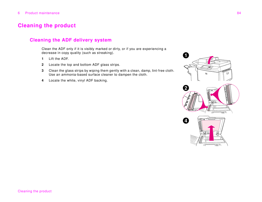 HP 9000Lmfp manual Cleaning the product, Cleaning the ADF delivery system 