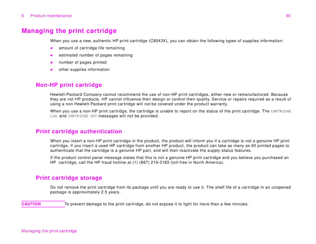 HP 9000Lmfp Managing the print cartridge, Non-HP print cartridge, Print cartridge authentication, Print cartridge storage 