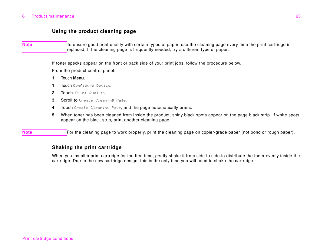 HP 9000Lmfp manual Using the product cleaning, Shaking the print cartridge 