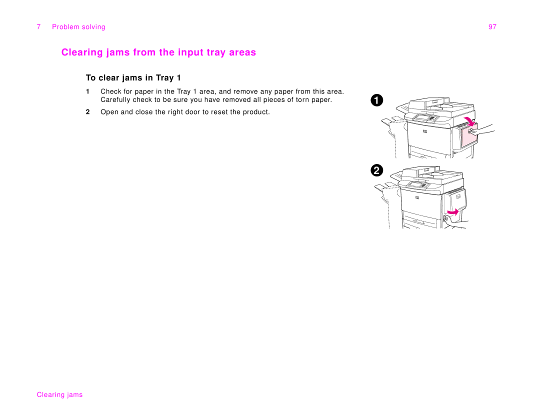 HP 9000Lmfp manual Clearing jams from the input tray areas, To clear jams in Tray 