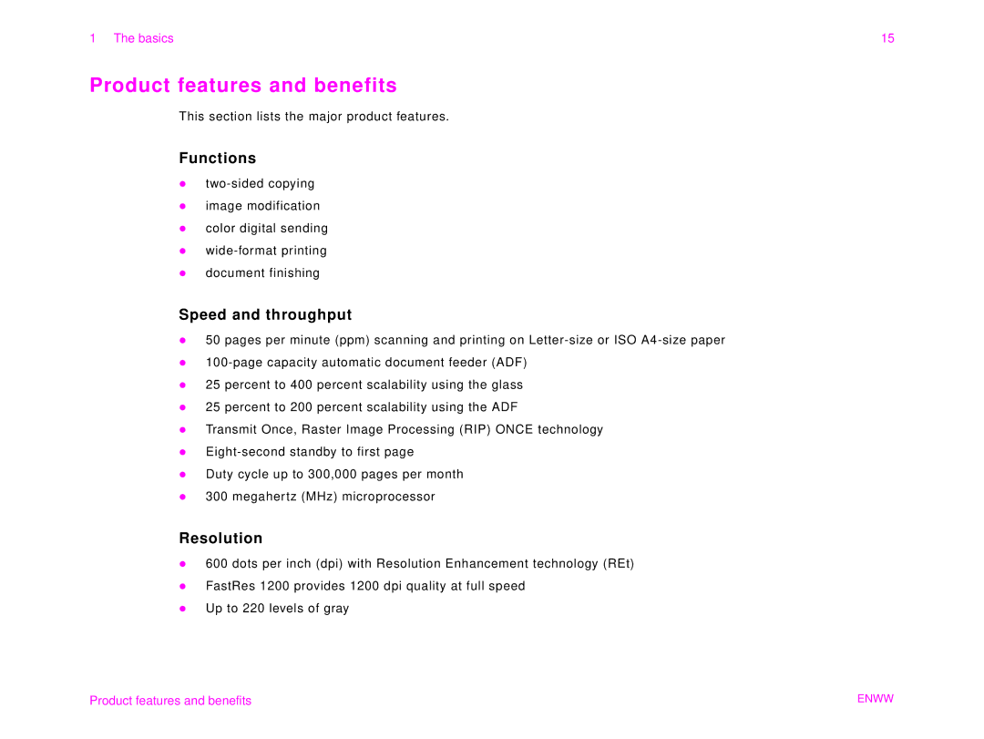 HP 9000MFC manual Product features and benefits, Functions, Speed and throughput, Resolution 