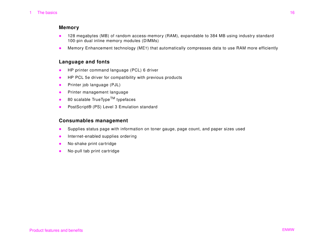 HP 9000MFC manual Memory, Language and fonts, Consumables management 