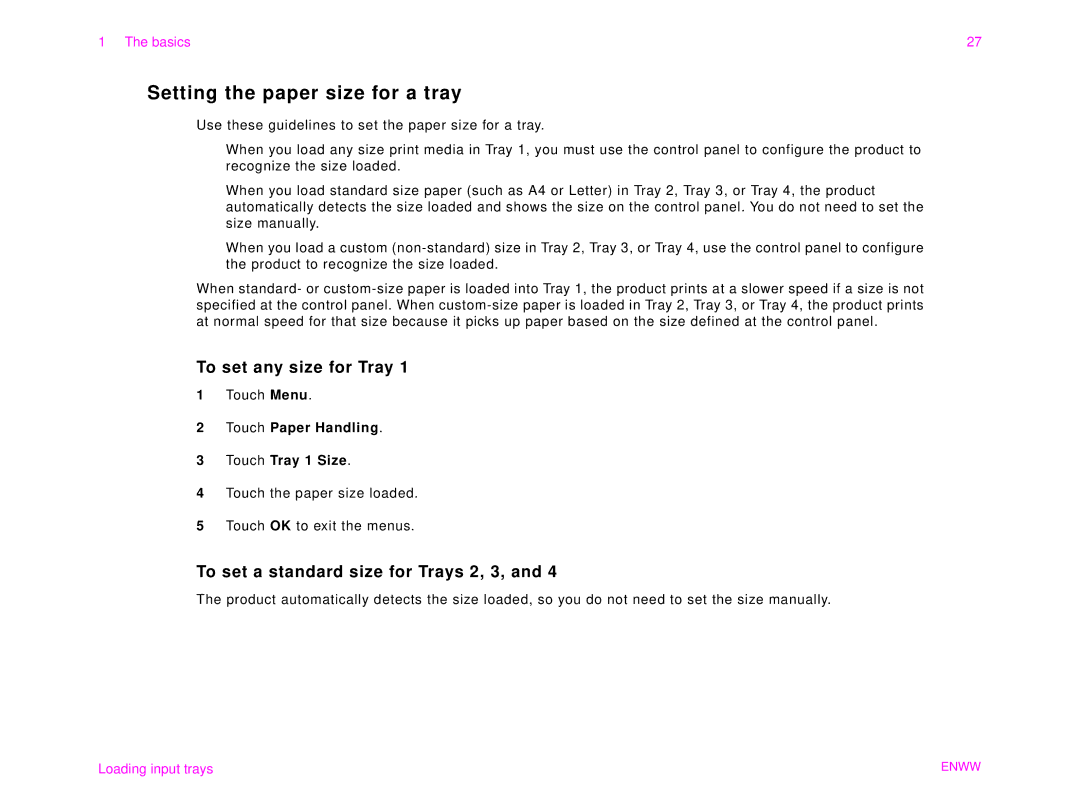 HP 9000MFC manual Setting the paper size for a tray, To set any size for Tray, To set a standard size for Trays 2, 3 