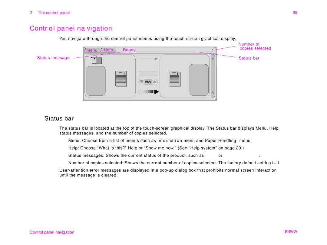 HP 9000MFC manual Control panel navigation, Status bar 