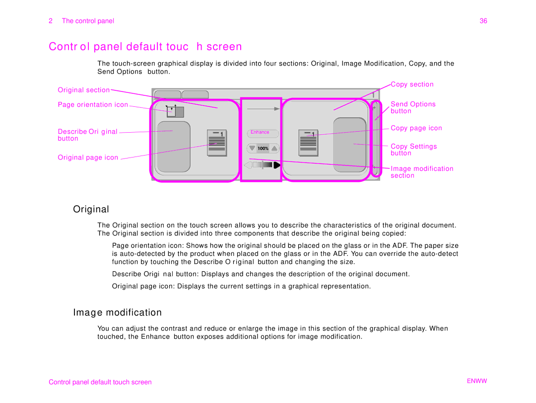 HP 9000MFC manual Control panel default touch screen, Original, Image modification 