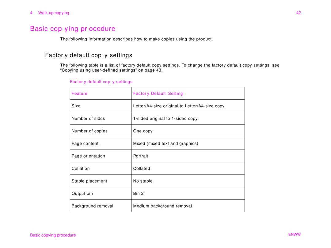 HP 9000MFC manual Basic copying procedure, Factory default copy settings 