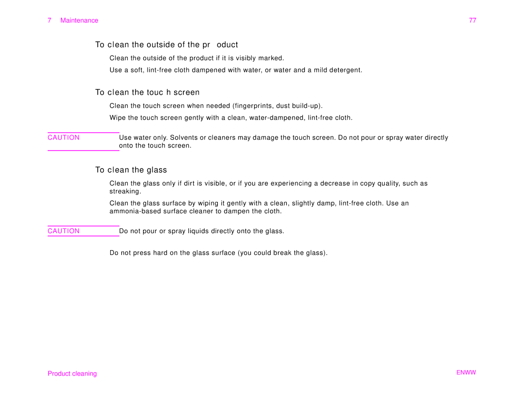 HP 9000MFC manual To clean the outside of the product, To clean the touch screen, To clean the glass 