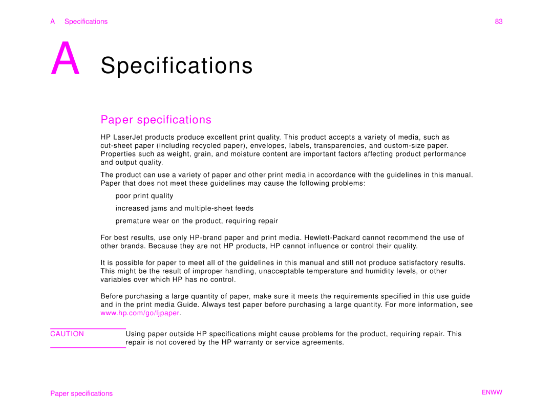 HP 9000MFC manual Specifications, Paper specifications 