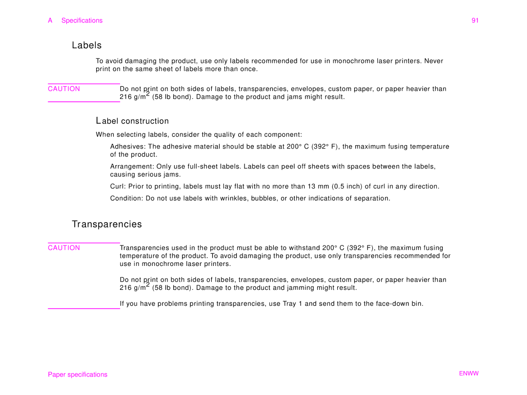 HP 9000MFC manual Labels, Transparencies, Label construction 