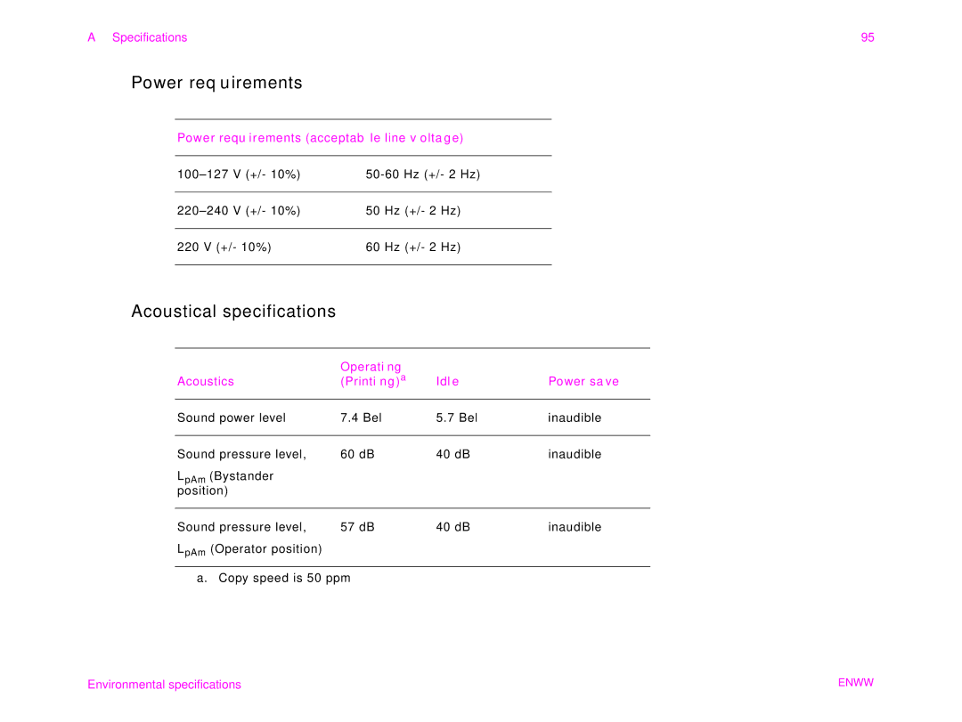 HP 9000MFC manual Power requirements, Acoustical specifications 