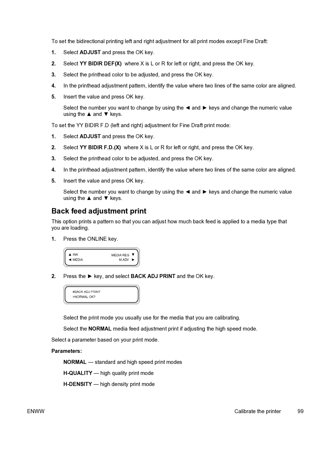 HP 9000s manual Back feed adjustment print, Parameters 