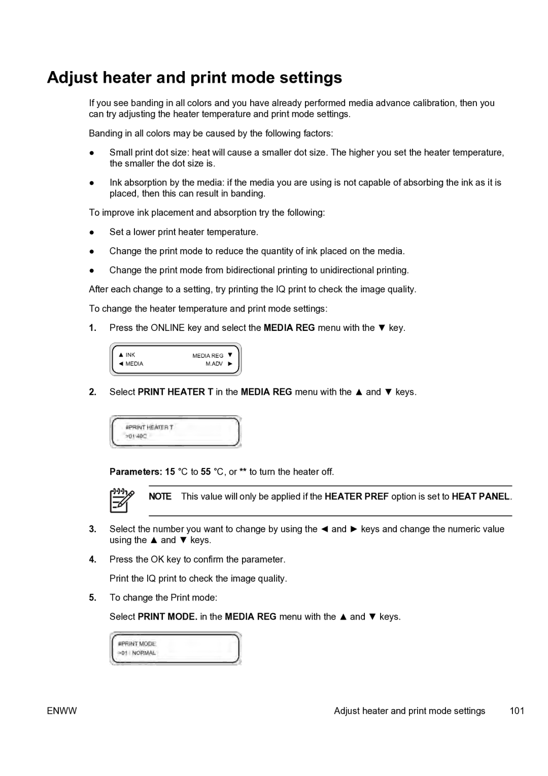 HP 9000s manual Adjust heater and print mode settings 