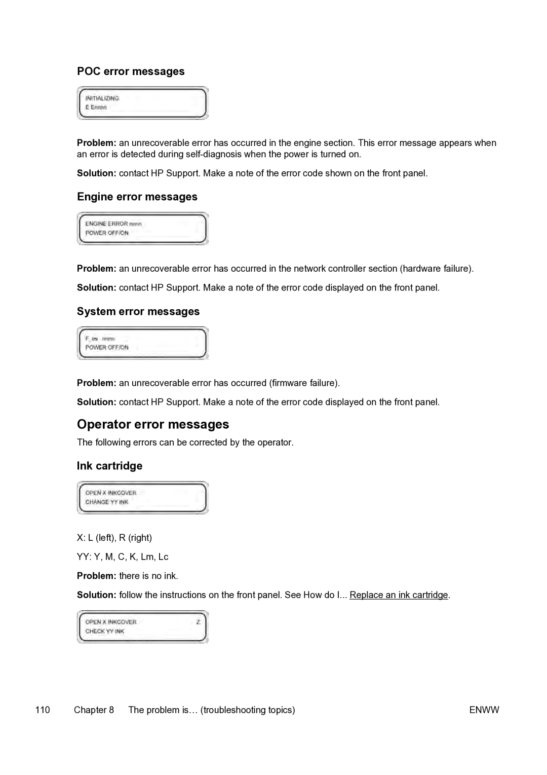 HP 9000s manual Operator error messages, POC error messages, Engine error messages, System error messages, Ink cartridge 