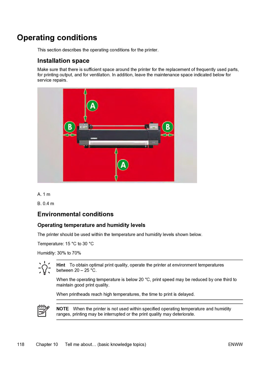 HP 9000s Operating conditions, Installation space, Environmental conditions, Operating temperature and humidity levels 