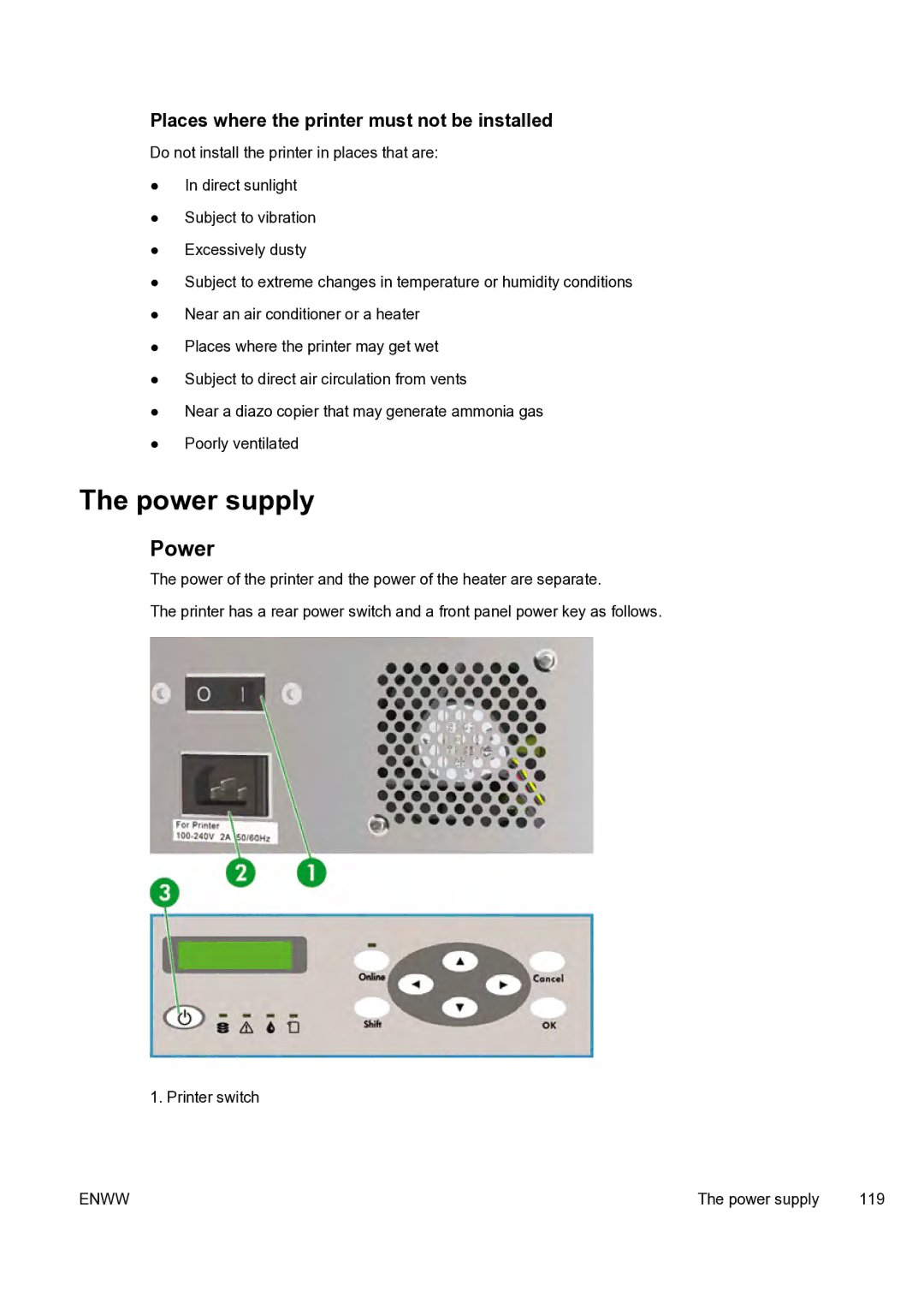 HP 9000s manual Power supply, Places where the printer must not be installed 