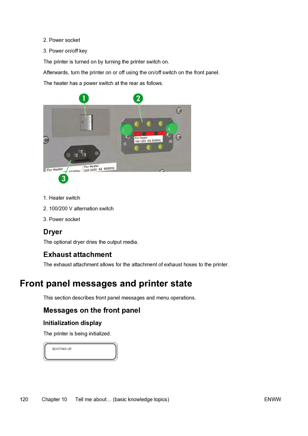 HP 9000s manual Front panel messages and printer state, Dryer, Exhaust attachment, Messages on the front panel 