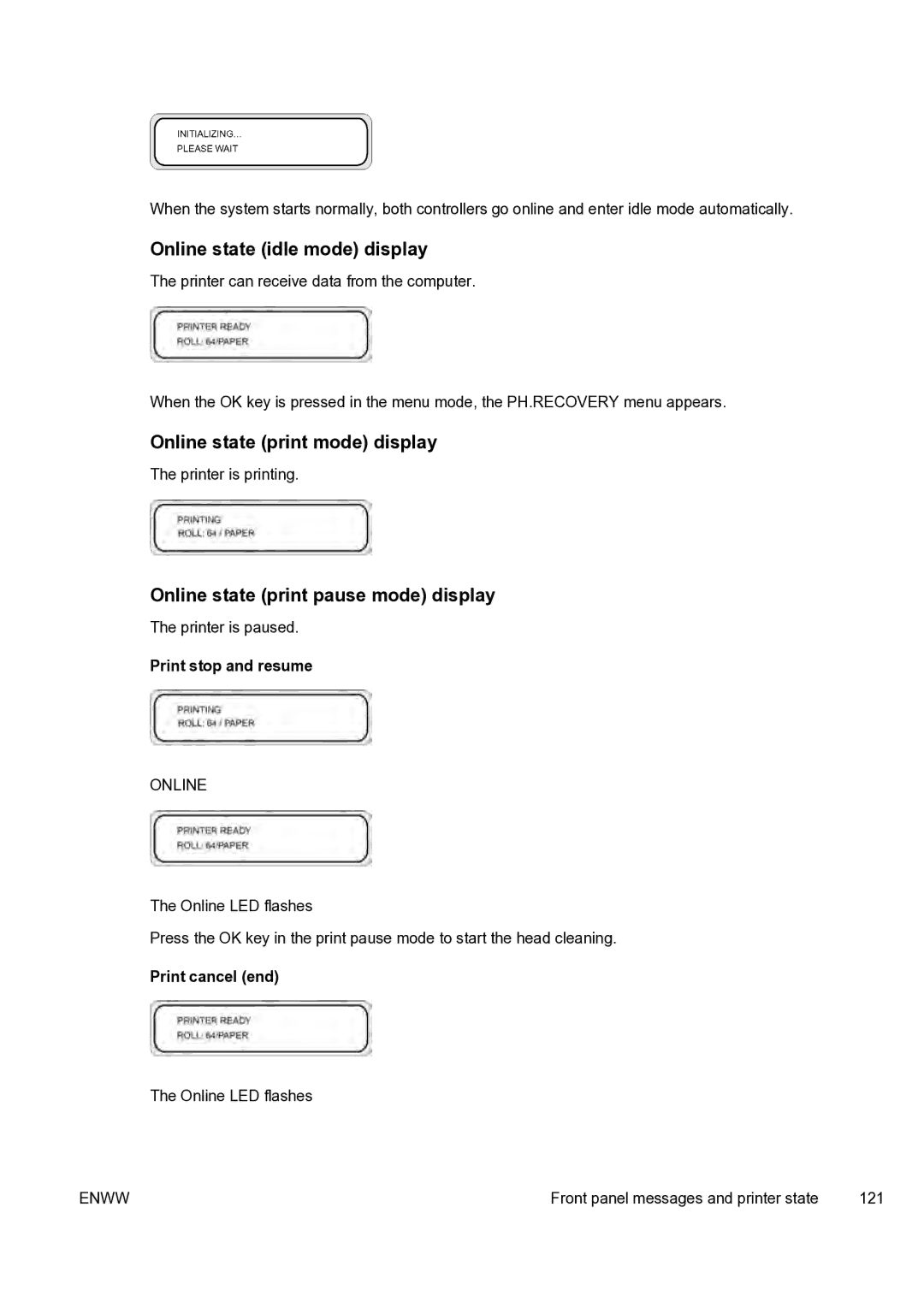 HP 9000s manual Online state idle mode display, Online state print mode display, Online state print pause mode display 